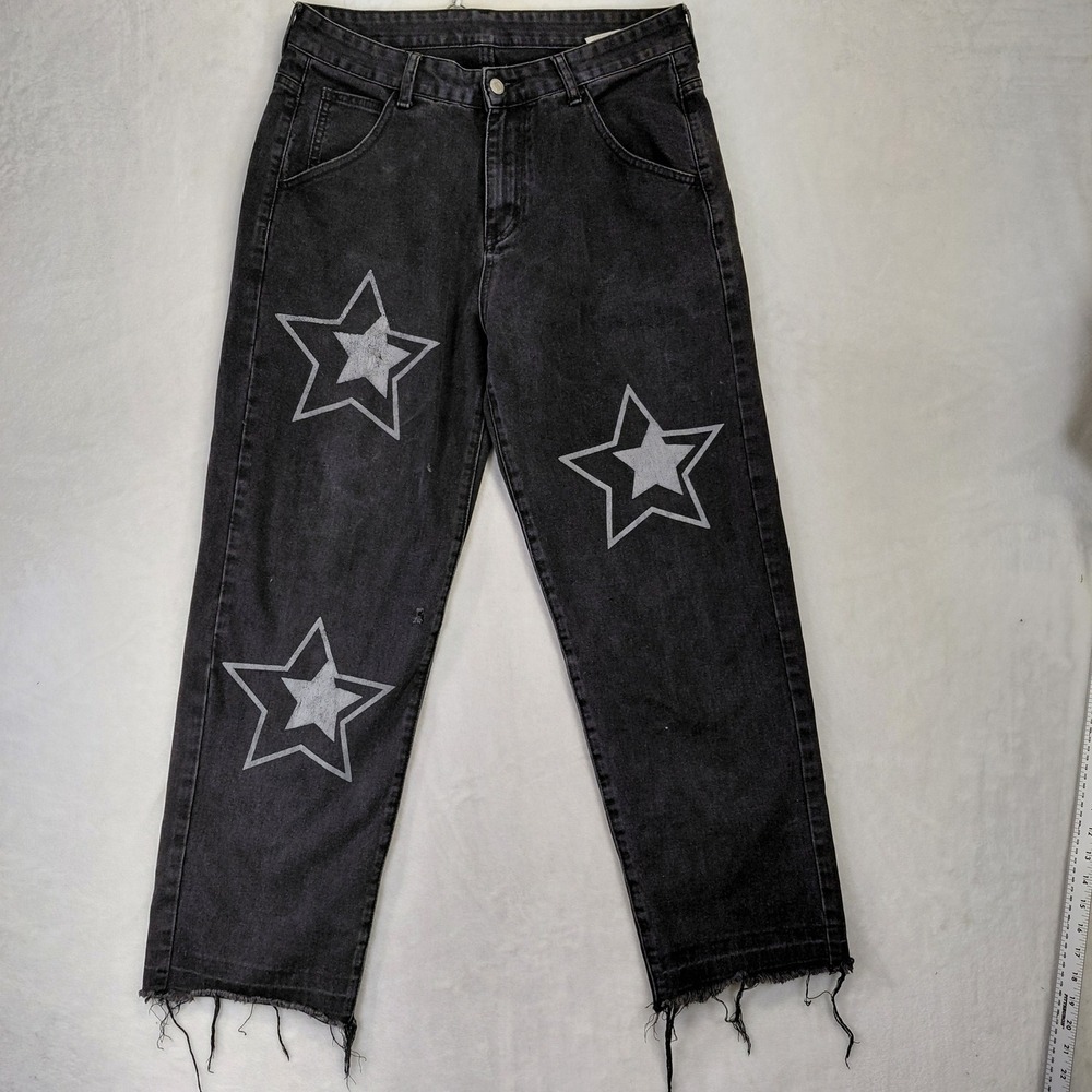 SHEIN Women Black Star Print Straight Leg Jeans Frayed Hem Size M